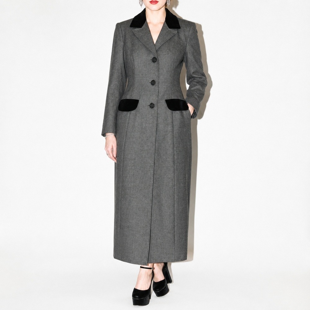 90s Vintage Velvet Trim Long Blazer Women 12 Gray Black Tailored Fit Jacket